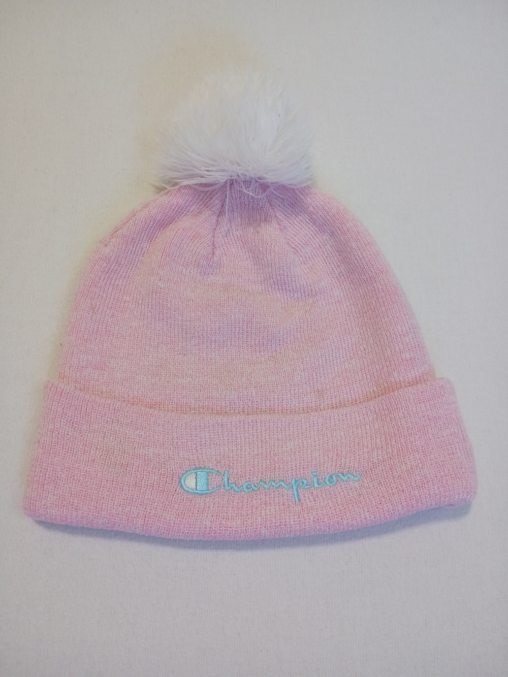 Champion Winter Pink Knit Beanie Hat with White Pom Pom & Teal Script Logo